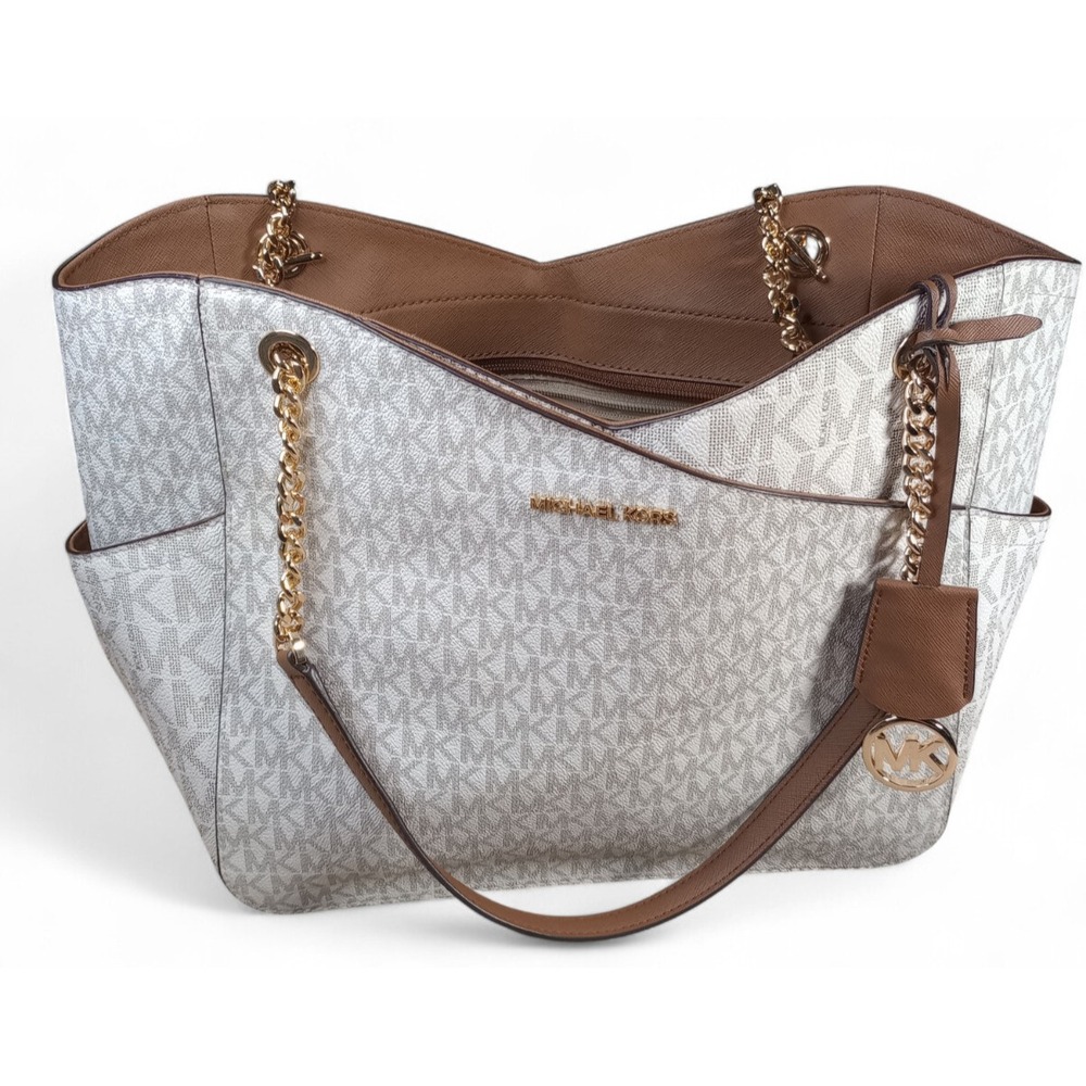 Michael Kors Jet Set Travel Large Chain Mk Signature Tote Handbag Bag Vanilla